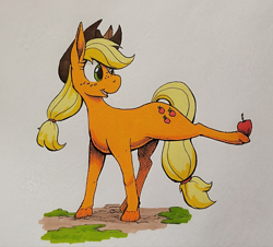 Size: 1280x1156 | Tagged: safe, artist:darkhestur, applejack, earth pony, pony, g4, apple, food, hat, marker drawing, outdoors, simple background, solo, traditional art