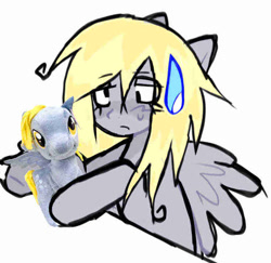 Size: 734x714 | Tagged: safe, artist:poniesinmyhead, derpy hooves, pegasus, pony, g4, derpy hooves is not amused, derpy hooves plushie, female, irl, mare, photo, plushie, reaction to own portrayal, simple background, sweat, sweatdrop, unamused, white background