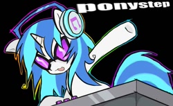 Size: 875x537 | Tagged: safe, artist:poniesinmyhead, dj pon-3, vinyl scratch, pony, unicorn, g4, female, glasses, headphones, horn, mare, open mouth, open smile, ponystep, raised hoof, smiling, solo