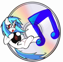 Size: 875x864 | Tagged: safe, artist:poniesinmyhead, dj pon-3, vinyl scratch, pony, unicorn, g4, cd, disk, fangs, female, horn, mare, music notes, red eyes, simple background, solo, white background