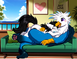 Size: 3424x2624 | Tagged: safe, artist:pridark, oc, oc only, oc:cerulean night, griffon, pony, blushing, couch, cuddling, duo, eyes closed, glasses, griffon oc, indoors, open mouth, paw pads, paws, toe beans, underhoof, underpaw, window