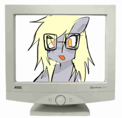 Size: 875x852 | Tagged: safe, artist:poniesinmyhead, derpy hooves, pegasus, pony, g4, computer, glasses, looking at you, open mouth, open smile, smiling, solo, stock image