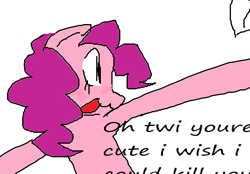 Size: 642x448 | Tagged: safe, artist:poniesinmyhead, pinkie pie, earth pony, pony, g4, english, female, implied murder, implied twilight sparkle, mare, ms paint, open mouth, open smile, simple background, smiling, solo, talking, text, white background