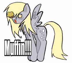 Size: 875x765 | Tagged: safe, artist:poniesinmyhead, derpy hooves, pegasus, pony, g4, food, full body, muffin, open mouth, simple background, solo, text, white background