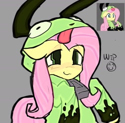 Size: 1609x1591 | Tagged: safe, artist:poniesinmyhead, fluttershy, pegasus, pony, antonymph, vylet pony, g4, bust, clothes, female, fluttgirshy, gir, gray background, hoodie, invader zim, mare, simple background, smiling, solo