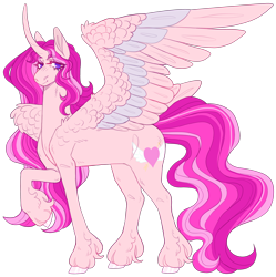 Size: 2760x2776 | Tagged: safe, artist:sleepy-nova, oc, oc only, oc:aurora rose, alicorn, pony, alicorn oc, colored eyebrows, colored eyelashes, colored hooves, colored pinnae, colored wings, curved horn, eyelashes, eyeshadow, feathered wings, female, female oc, high res, hooves, horn, lacrimal caruncle, lidded eyes, light pink coat, long horn, long legs, long mane, long tail, looking back, magenta eyelashes, makeup, mare, mare oc, no pupils, pink, pink coat, pink eyeshadow, pink hooves, pink mane, pink tail, ponysona, purple eyelashes, purple eyes, raised hoof, shiny hooves, simple background, smiling, solo, standing, standing on three hooves, striped mane, striped tail, tail, tall ears, three quarter view, three toned mane, three toned tail, transparent background, two toned wings, unicorn horn, unshorn fetlocks, wavy mane, wavy tail, wings