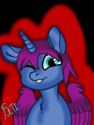 Size: 768x1024 | Tagged: safe, artist:jeffapegas, artist:l0nt4n1c4ever99, alicorn, pony, g4, base used, black background, grin, horn, looking at you, looney tunes, male, merrie melodies, one eye closed, outline, ponified, purple wings, road runner, rule 85, simple background, smiling, solo, stallion, wings, wink, winking at you