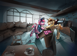 Size: 822x591 | Tagged: safe, artist:felfox, oc, oc only, oc:sweet serving, pegasus, pony, unicorn, clothes, couch, cup, donut, food, horn, indoors, necktie, police officer, teacup