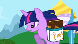 Size: 1920x1080 | Tagged: safe, screencap, twilight sparkle, pony, unicorn, friendship is magic, g4, my little pony: friendship is magic, bag, book, book of harmony, female, horn, mare, saddle bag, unicorn twilight, unicorn twilightm