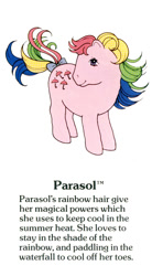 Size: 550x1000 | Tagged: safe, parasol (g1), earth pony, pony, g1, my little pony fact file, official, bow, closed mouth, cute, female, g1 backstory, g1 paracute, mare, rainbow ponies, smiling, solo, tail, tail bow, text, trademark