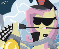 Size: 5500x4500 | Tagged: safe, artist:pres_marshmellow, fluttershy, pegasus, pony, g4, judas priest, motorcycle, rob halford, spiked wristband, sunglasses, whip, wristband