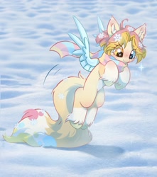 Size: 2656x3000 | Tagged: safe, artist:melodylibris, part of a set, oc, oc only, oc:лаканэ, pegasus, pony, ahoge, behaving like a fox, blue wings, blushing, bushy tail, clothes, coat markings, colored belly, colored ear fluff, colored hooves, colored wings, cream coat, ear fluff, ear piercing, ear tufts, earring, eye clipping through hair, eyebrows, eyebrows visible through hair, eyelashes, female, female oc, fluffy tail, flying, green hooves, heterochromia, high res, hooves, jewelry, knee blush, leg blush, long tail, looking down, mare, mare oc, motion lines, multicolored tail, no mouth, outdoors, pale belly, pegasus oc, piercing, pounce, scarf, shiny hooves, snow, socks (coat markings), solo, spread wings, starry eyes, striped scarf, tail, three quarter view, two toned mane, unshorn fetlocks, wingding eyes, wings