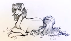 Size: 1280x745 | Tagged: safe, artist:mscootaloo, oc, oc only, oc:shimmering song, earth pony, female, full body, happy, lying down, singer, sketch