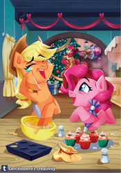 Size: 1166x1663 | Tagged: safe, artist:cerchionero, artist:ogron, apple bloom, applejack, big macintosh, cloudy quartz, granny smith, pinkie pie, earth pony, pony, g4, apple bloom riding big macintosh, apple family, bowl, christmas, christmas tree, crying, cupcake, duo focus, female, food, hearth's warming, holiday, icing bag, indoors, laughing, mare, mixing bowl, open mouth, open smile, ponies riding ponies, riding, riding a pony, smiling, tears of laughter, tree, whisk