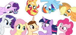 Size: 1654x768 | Tagged: safe, artist:bubbacheezit, edit, edited screencap, screencap, applejack, fluttershy, pinkie pie, rainbow dash, rarity, starlight glimmer, sunset shimmer, twilight sparkle, oc, oc:caleb, alicorn, earth pony, pegasus, pony, unicorn, g4, my little pony: friendship is magic, the mean 6, background removed, female, horn, male, mane six, mare, not a vector, simple background, stallion, transparent background, twilight sparkle (alicorn)