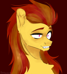 Size: 2223x2455 | Tagged: safe, artist:delicious, oc, oc only, oc:roxland, earth pony, pony, ashes town, fallout equestria, bust, dark background, ear fluff, male, pink eyes, red mane, solo