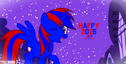 Size: 1771x909 | Tagged: safe, artist:stephen-fisher, oc, oc only, oc:stephen (stephen-fisher), alicorn, pony, g4, 2025, alicorn oc, happy new year 2025, horn, male, male alicorn, male alicorn oc, night, ponyville, red and blue, solo, stars, wings