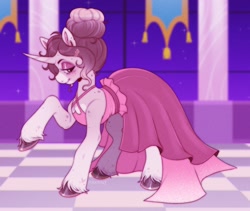 Size: 2314x1952 | Tagged: safe, artist:pinxpony, oc, oc only, oc:doodle bun, pony, unicorn, g4, clothes, dress, gala outfit, horn, indoors, ponysona, solo, unicorn oc