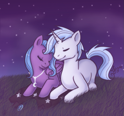 Size: 639x599 | Tagged: safe, artist:talisstardust, oc, oc only, oc:moonstone, oc:starlight sonata, pegasus, pony, unicorn, 2012, cuddling, duo, duo male and female, eyes closed, female, folded wings, horn, jewelry, lying down, male, mare, necklace, night, night sky, prone, sky, stallion, wings