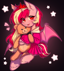 Size: 2849x3159 | Tagged: safe, artist:tyutya, oc, oc only, oc:raspberries, alicorn, bat pony, bat pony alicorn, bat pony alicorn oc, bat wings, clothes, colored wings, commission, crown, cute, dress, ear tufts, fangs, horn, jewelry, long mane, looking at you, pink hoodie, plushie, red eyes, regalia, short tail, slit pupils, smiling, smiling at you, tail, teddy bear, two toned mane, two toned tail, two toned wings, wings, ych result