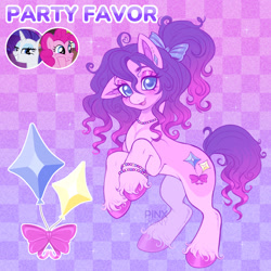 Size: 1900x1900 | Tagged: safe, artist:pinxpony, pinkie pie, rarity, oc, oc only, oc:party favor, earth pony, pony, g4, bow, bracelet, checkered background, colored hooves, colored muzzle, countershading, ear piercing, earring, earth pony oc, eyeshadow, female, fusion, fusion:pinkie pie, fusion:rarity, gradient background, gradient mane, gradient tail, hair bow, hooves, jewelry, looking at you, makeup, mare, necklace, open mouth, open smile, pale belly, piercing, pink eyeshadow, ponytail, purple background, rearing, simple background, smiling, solo, tail, unshorn fetlocks