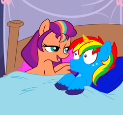 Size: 4604x4275 | Tagged: safe, artist:shieldwingarmorofgod, sunny starscout, oc, oc:shield wing, alicorn, earth pony, g4, g5, alicorn oc, bed, bedroom eyes, blanket, canon x oc, female, g5 to g4, generation leap, horn, male, mane stripe sunny, pillow, shipping, wings