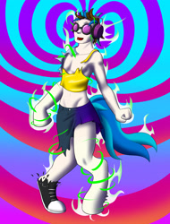 Size: 2400x3150 | Tagged: safe, artist:boundbrush, dj pon-3, vinyl scratch, human, pony, g4, abstract background, commission, converse, disappearing clothes, goggles, gradient background, headphones, high res, human to pony, magic, mid-transformation, open mouth, shoes, smiling, solo, transformation