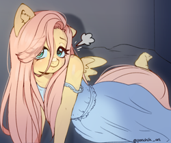 Size: 1771x1484 | Tagged: safe, artist:ponchik_art, fluttershy, pegasus, anthro, plantigrade anthro, g4, annoyed, clothes, dress, ear fluff, eye clipping through hair, feet, female, frustrated, leaning, looking at you