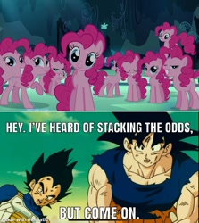 Size: 1069x1200 | Tagged: safe, edit, edited screencap, screencap, pinkie pie, earth pony, pony, g4, my little pony: friendship is magic, too many pinkie pies, caption, clone, dragon ball, dragon ball z, dragon ball z: the return of cooler, female, mare, meme, pinkie clone, son goku, text, vegeta