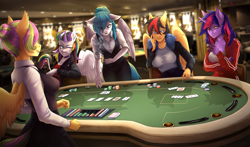 Size: 2900x1700 | Tagged: safe, artist:serodart, oc, oc only, oc:izma acid, oc:lina phantom, oc:mollydv, oc:silri whiteriver, original species, pegasus, unicorn, anthro, card, card game, casino, chips, clothes, commission, croupiere, female, food, glass, horn, jacket, leather, leather jacket, poker, poker chips, room, shirt, t-shirt, table, tracksuit, vest