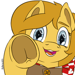 Size: 1920x1920 | Tagged: safe, artist:_butterscotch, oc, oc only, oc:butterscotch, earth pony, pony, boop, button, cloak, clothes, commission, earth pony oc, hood, imminent boop, looking at you, smiling, solo, ych result