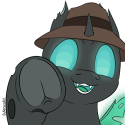 Size: 1920x1920 | Tagged: safe, artist:_butterscotch, oc, oc only, oc:closed case, changeling, boop, changeling oc, clothes, commission, fangs, hat, imminent boop, looking at you, smiling, solo, ych result