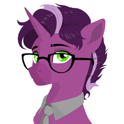 Size: 3000x3000 | Tagged: safe, artist:lfø, oc, oc:amethyst volt, unicorn, chest fluff, clothes, commission, glasses, green eyes, horn, male, necktie, purple fur, purple mane, stallion