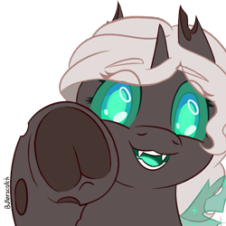 Size: 1920x1920 | Tagged: safe, artist:_butterscotch, oc, oc only, oc:kitu elder, changeling, boop, changeling oc, commission, fangs, imminent boop, looking at you, smiling, solo, ych result