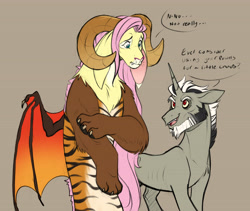 Size: 5008x4231 | Tagged: safe, artist:chub-wub, discord, fluttershy, draconequus, pony, unicorn, g4, dialogue, draconequified, duo, duo male and female, female, horn, male, open mouth, pony discord, species swap, speech bubble, talking