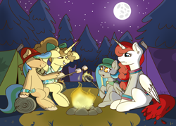 Size: 1920x1371 | Tagged: safe, oc, oc only, oc:apricity, oc:poutine, oc:sunny showers, oc:trail blazer, alicorn, earth pony, pegasus, campfire, fire, food, marshmallow, moon, night, outdoors, sitting, tent, vanhoover, vanhoover pony expo, vanhoover pony expo 2025