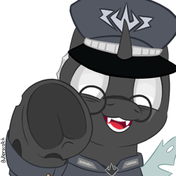 Size: 1919x1920 | Tagged: safe, artist:_butterscotch, oc, oc only, oc:zellix farrax, changeling, boop, changeling oc, clothes, commission, hat, imminent boop, looking at you, male, military uniform, peaked cap, smiling, solo, uniform, ych result