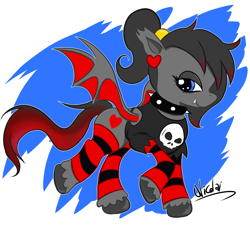 Size: 1977x1828 | Tagged: safe, artist:nicolai, oc, oc only, bat pony, pony, clothes, collar, ear piercing, earring, femboy, feminine stallion, jewelry, male, piercing, ponysona, ponytail, skull, socks, spiked collar, striped socks, unshorn fetlocks