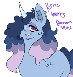 Size: 3032x3198 | Tagged: safe, anonymous artist, oc, oc:kettleworks blossomshine, unicorn, ear fluff, ear piercing, horn, horn markings, male, markings, parent:alphabittle blossomforth, parent:argyle starshine, parents:alphagyle, piercing, purple eyes, smiling, split eyebrow, stallion