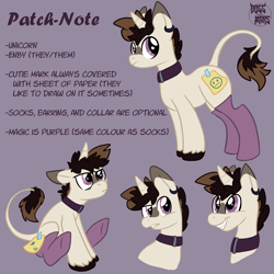 Size: 2362x2362 | Tagged: safe, artist:dogs-from-mars, oc, oc only, oc:patch-note, unicorn, brown mane, clothes, ear piercing, earring, horn, jewelry, piercing, ponysona, purple eyes, reference sheet, socks