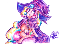 Size: 8460x6192 | Tagged: safe, artist:mannybcadavera, sunny starscout, earth pony, pony, g5, absurd file size, absurd resolution, colored pencil drawing, female, hat, mare, open mouth, open smile, signature, simple background, sitting, smiling, solo, traditional art, white background, witch hat