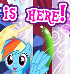 Size: 320x339 | Tagged: safe, gameloft, rainbow dash, pegasus, pony, g4, balloon, canterlot castle, canterlot castle interior, cropped, cute, dashabetes, english, female, here, indoors, looking at you, mare, meme, solo, statue, text, wings, wow! glimmer