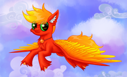 Size: 4100x2500 | Tagged: safe, artist:sunamoonmlp, derpibooru exclusive, oc, oc only, oc:flameheart, pegasus, pony, g4, accessory, cheek fluff, chest fluff, cloud, cute, ear fluff, flying, full body, hooves, looking at you, male, outdoors, sky, smiling, smiling at you, solo, stallion, wings