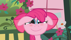 Size: 1920x1080 | Tagged: safe, artist:umsx, edit, edited screencap, editor:umsx, screencap, apple bloom, pinkie pie, earth pony, pony, g4, blushing, bow, floppy ears, flower, hair bow, recolor, smiling, solo