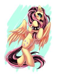 Size: 2000x2600 | Tagged: safe, artist:smilychi, fluttershy, pegasus, pony, g4, blushing, digital art, emo, emoshy, fanart, female, hair over one eye, high res, lying down, mare, on side, partially open wings, smiling, solo, spiked wristband, wings, wristband