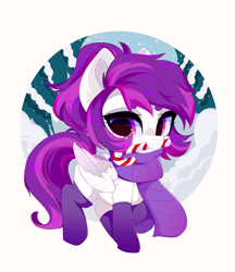 Size: 4320x5000 | Tagged: safe, artist:xsatanielx, oc, oc only, pegasus, pony, candy, candy cane, clothes, food, outdoors, pegasus oc, snow, socks, solo