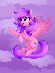 Size: 2048x2732 | Tagged: safe, artist:kuroartss, oc, oc only, oc:princess poe, alicorn, pony, alicorn oc, ear fluff, female, horn, mare, open mouth, open smile, outdoors, smiling, solo, spread wings, underhoof, wings