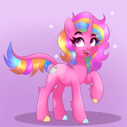 Size: 2048x2048 | Tagged: safe, artist:kuroartss, oc, oc only, oc:sugarpop, classical unicorn, pony, unicorn, cloven hooves, female, heart, heart eyes, horn, leonine tail, mare, open mouth, open smile, raised hoof, smiling, solo, sparkles, tail, unshorn fetlocks, wingding eyes