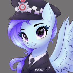 Size: 2048x2048 | Tagged: safe, artist:kuroartss, oc, oc only, pegasus, pony, clothes, ear fluff, female, looking at you, mare, pegasus oc, police, police officer, police pony, police uniform, smiling, smiling at you, solo, spread wings, wings