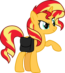 Size: 3000x3348 | Tagged: safe, artist:cloudy glow, sunset shimmer, pony, unicorn, equestria girls, g4, my little pony equestria girls, bag, eyebrows, female, horn, mare, raised eyebrow, raised hoof, saddle bag, simple background, smug, solo, transparent background, vector